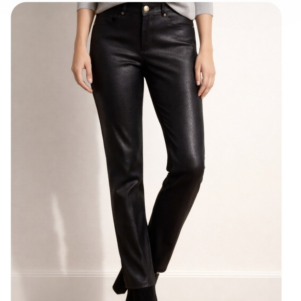 Calvin Klein Black Coated Satin Finish Textured Straight Leg Jeans Sz 14